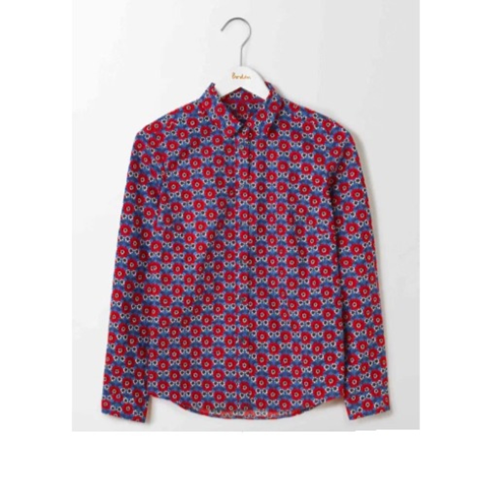Boden The Classic Shirt, Size 14, Red Blue White Floral Print Button-Up Cotton